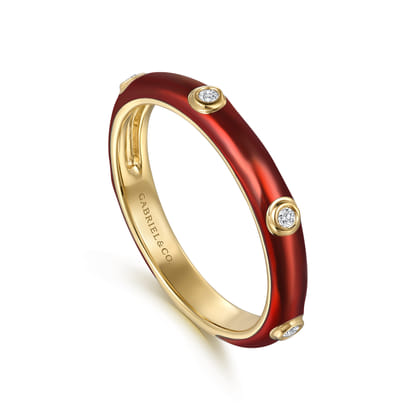 Enamel - 14K Yellow Gold Diamond Split Stackable with Chrome Red Enamel