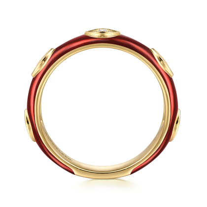 Enamel - 14K Yellow Gold Diamond Split Stackable with Chrome Red Enamel