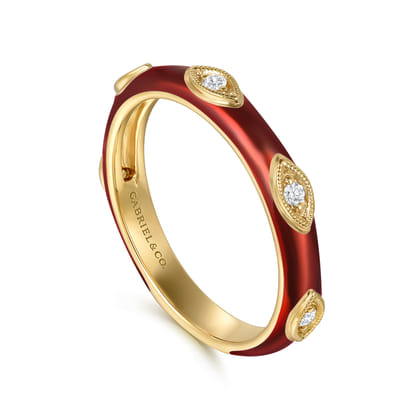 Enamel - 14K Yellow Gold Diamond Split Stackable with Chrome Red Enamel