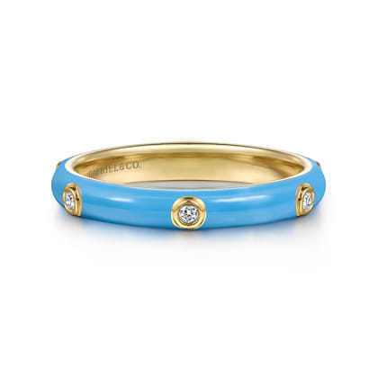 Enamel - 14K Yellow Gold Diamond Split Stackable with Dusk Blue Enamel
