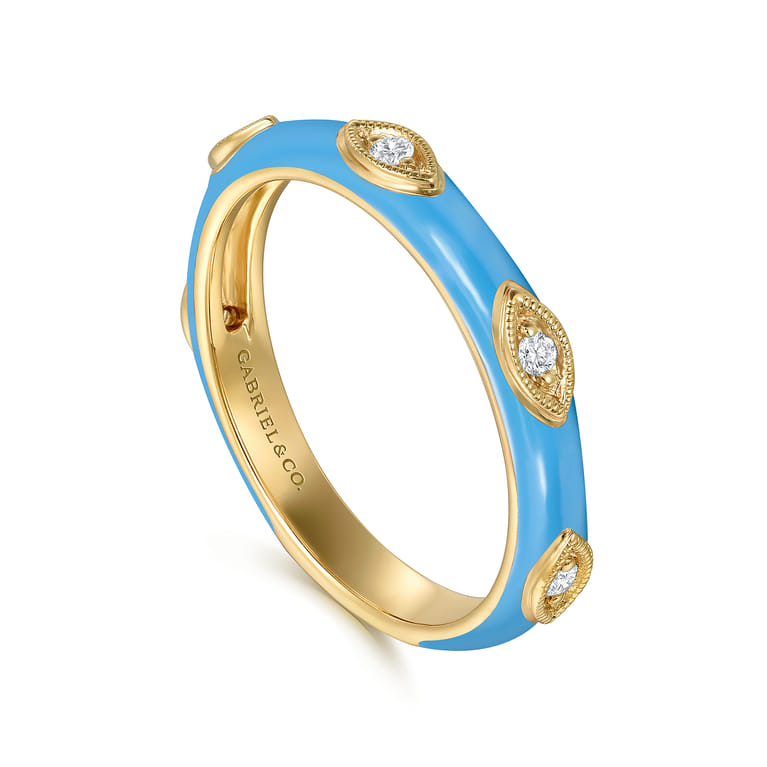 Enamel - 14K Yellow Gold Diamond Split Stackable with Dusk Blue Enamel - 0.08 ct - Shot 3