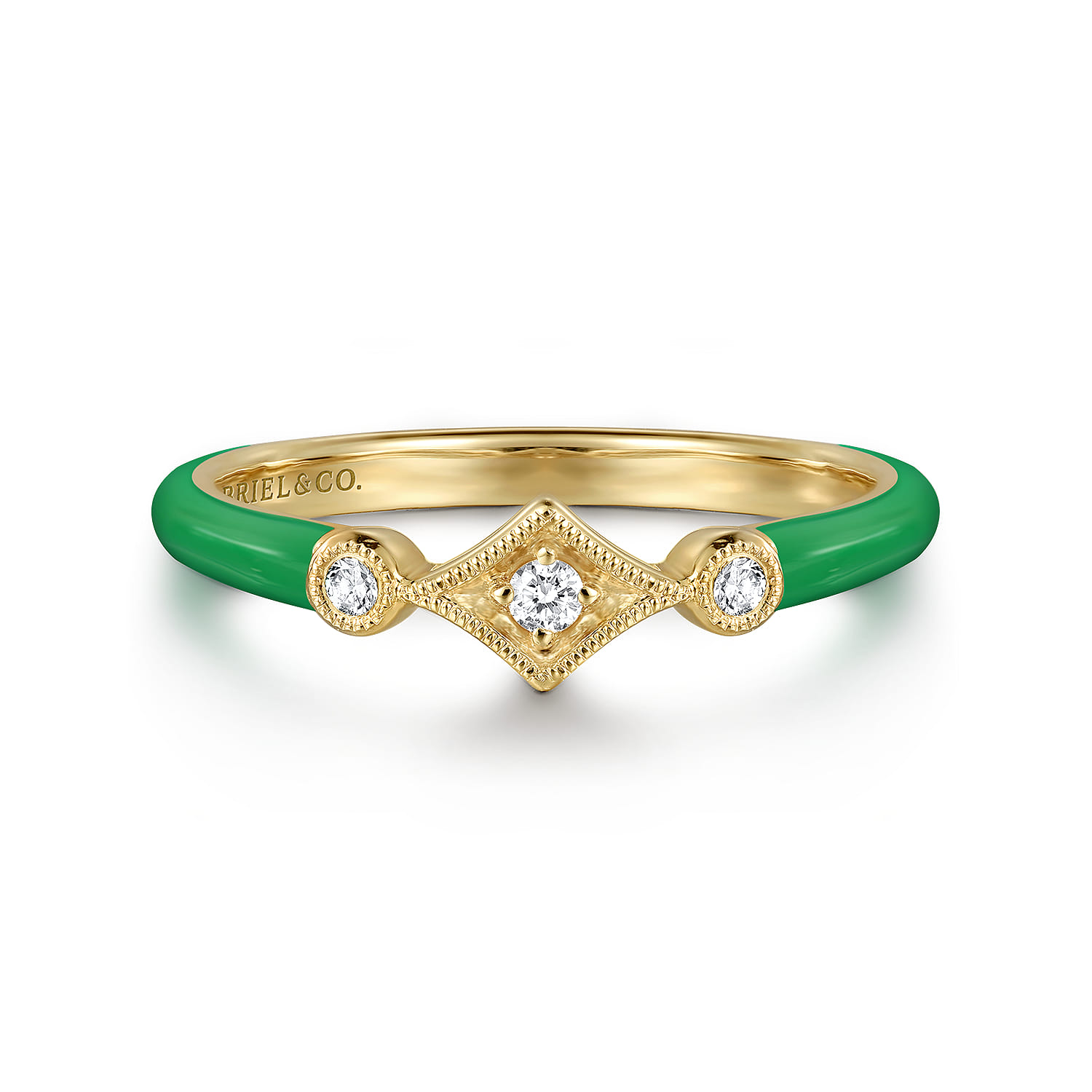 Enamel - 14K Yellow Gold Diamond Split Stackable with Emerald Green Enamel - 0.06 ct - Shot 1