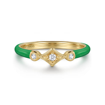 Enamel - 14K Yellow Gold Diamond Split Stackable with Emerald Green Enamel