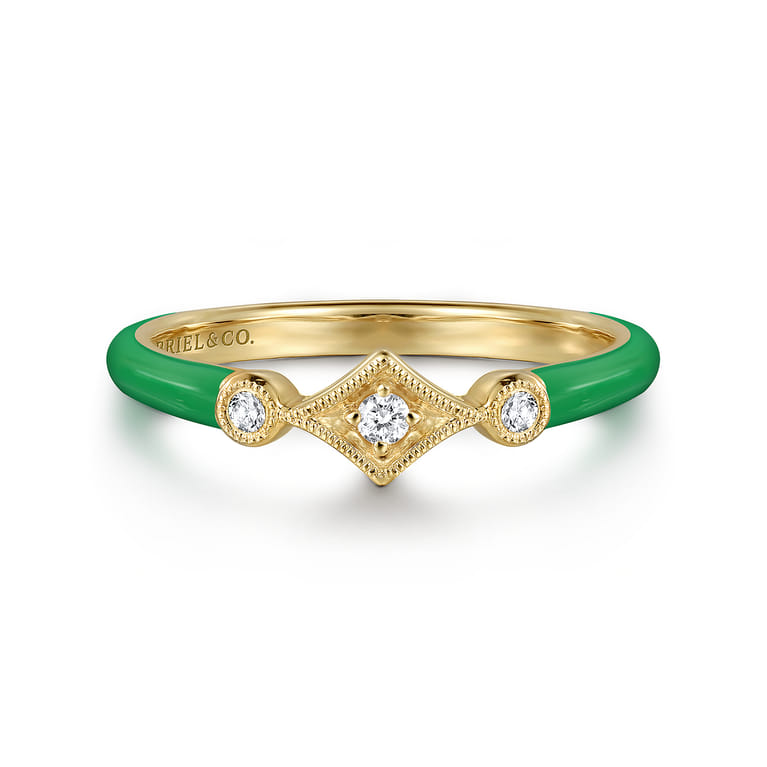 Enamel - 14K Yellow Gold Diamond Split Stackable with Emerald Green Enamel - 0.06 ct - Shot 1