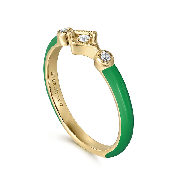 Enamel - 14K Yellow Gold Diamond Split Stackable with Emerald Green Enamel - 0.06 ct - Shot 3