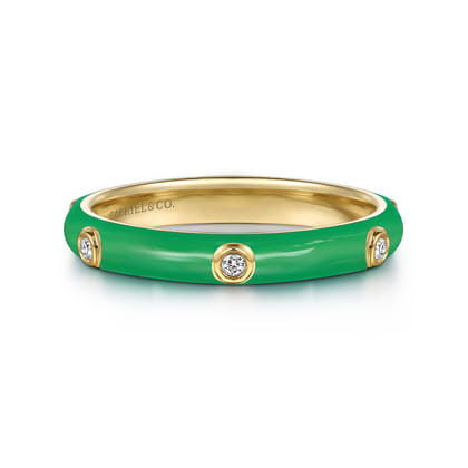Enamel - 14K Yellow Gold Diamond Split Stackable with Emerald Green Enamel