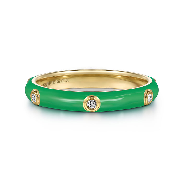 Enamel - 14K Yellow Gold Diamond Split Stackable with Emerald Green Enamel - 0.05 ct - Shot 1