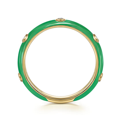 Enamel - 14K Yellow Gold Diamond Split Stackable with Emerald Green Enamel