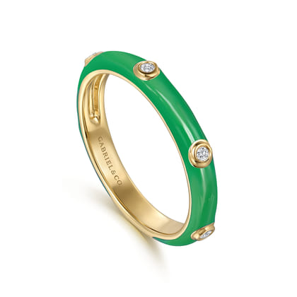 Enamel - 14K Yellow Gold Diamond Split Stackable with Emerald Green Enamel