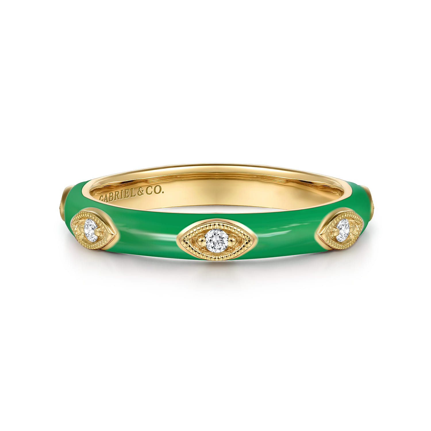 Enamel - 14K Yellow Gold Diamond Split Stackable with Emerald Green Enamel - 0.08 ct - Shot 1