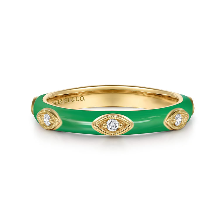Enamel - 14K Yellow Gold Diamond Split Stackable with Emerald Green Enamel - 0.08 ct - Shot 1
