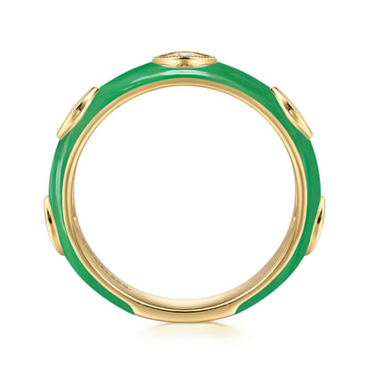 Enamel - 14K Yellow Gold Diamond Split Stackable with Emerald Green Enamel