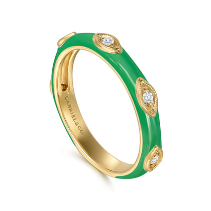 Enamel - 14K Yellow Gold Diamond Split Stackable with Emerald Green Enamel