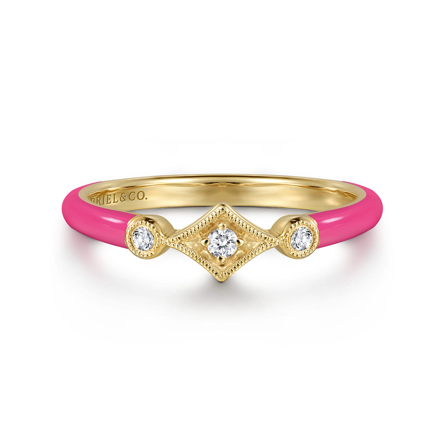 Enamel - 14K Yellow Gold Diamond Split Stackable with Fuchsia Enamel - 0.06 ct - Shot 1