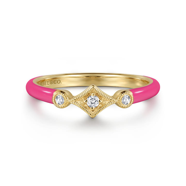 Enamel - 14K Yellow Gold Diamond Split Stackable with Fuchsia Enamel - 0.06 ct - Shot 1