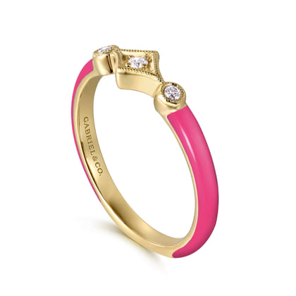 Enamel - 14K Yellow Gold Diamond Split Stackable with Fuchsia Enamel