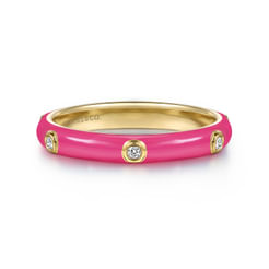14K Yellow Gold Diamond Split Stackable with Fuchsia Enamel