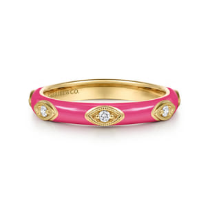 Enamel - 14K Yellow Gold Diamond Split Stackable with Fuchsia Enamel