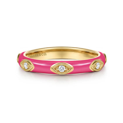 Enamel - 14K Yellow Gold Diamond Split Stackable with Fuchsia Enamel