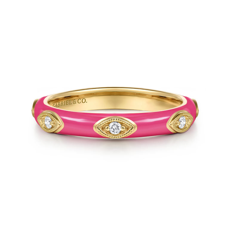 Enamel - 14K Yellow Gold Diamond Split Stackable with Fuchsia Enamel - 0.08 ct - Shot 1