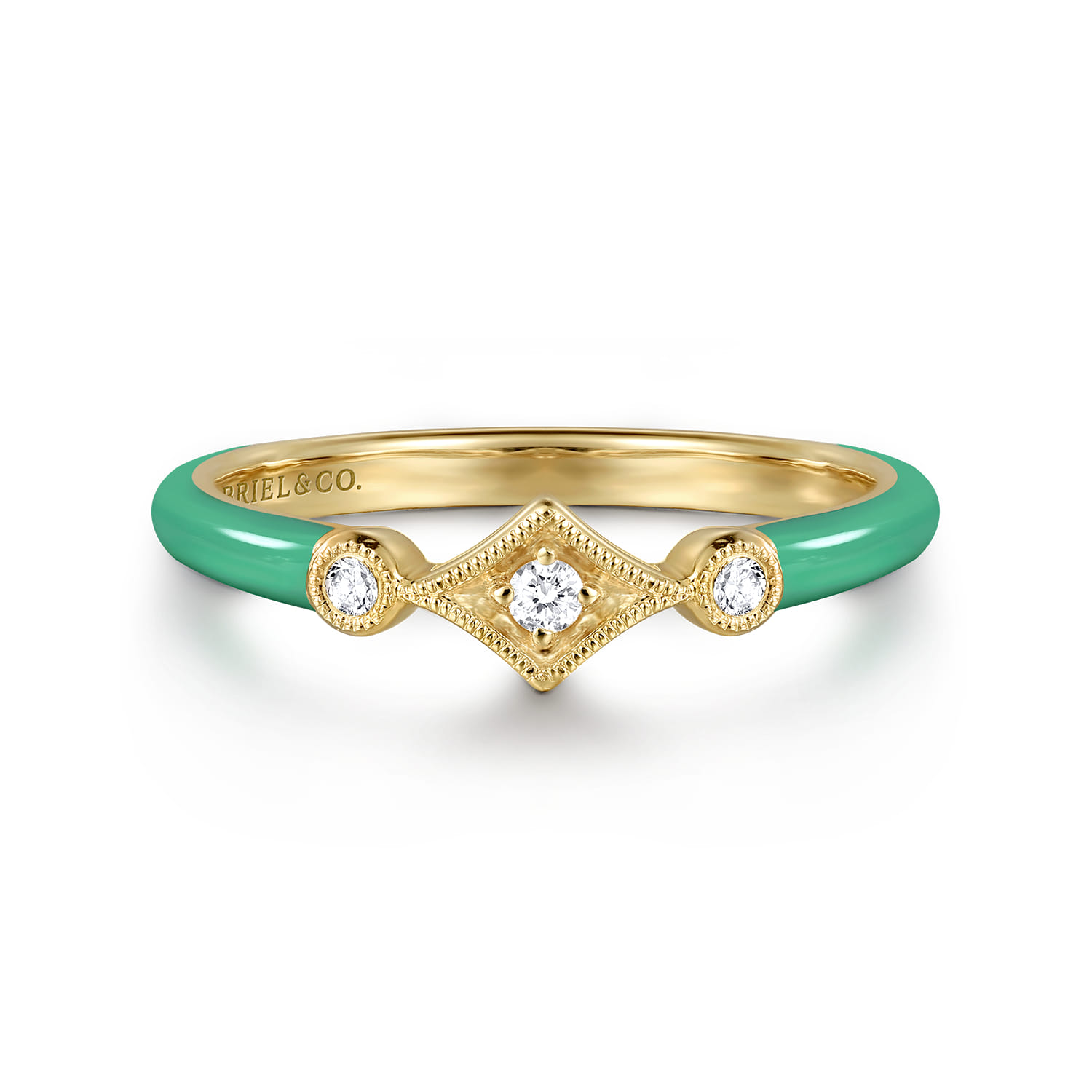 Enamel - 14K Yellow Gold Diamond Split Stackable with Mint Green Enamel - 0.06 ct - Shot 1