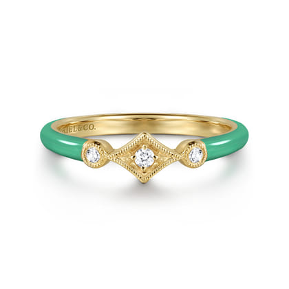 Enamel - 14K Yellow Gold Diamond Split Stackable with Mint Green Enamel