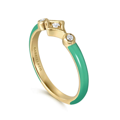 Enamel - 14K Yellow Gold Diamond Split Stackable with Mint Green Enamel