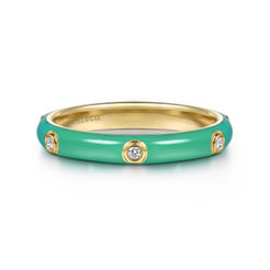 Enamel - 14K Yellow Gold Diamond Split Stackable with Mint Green Enamel