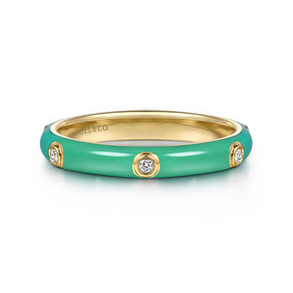 Enamel - 14K Yellow Gold Diamond Split Stackable with Mint Green Enamel