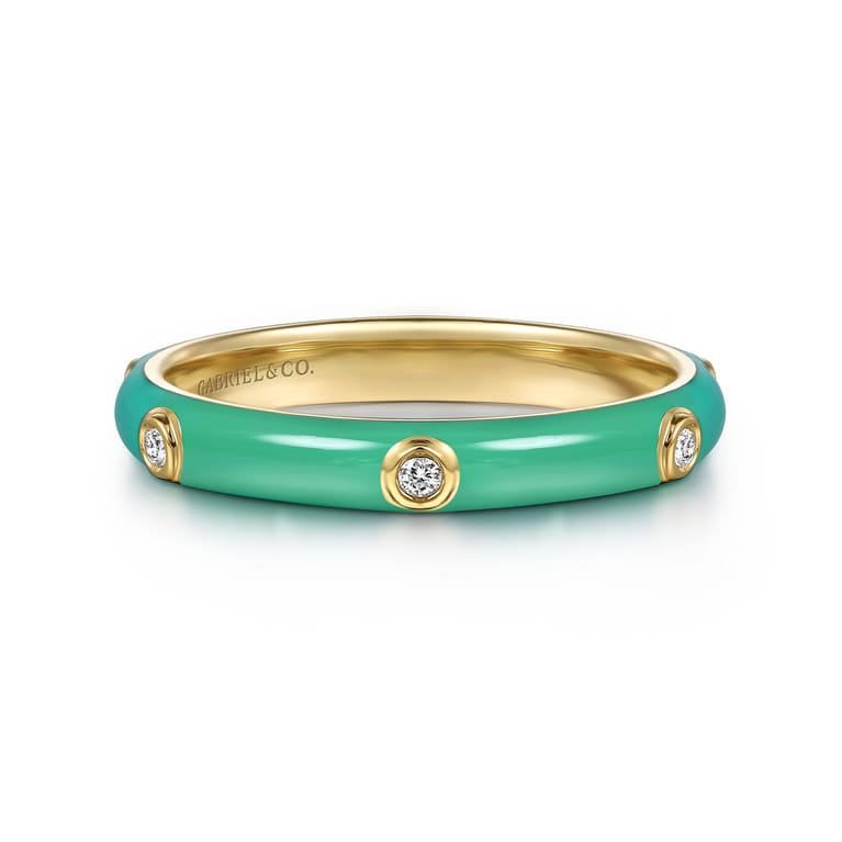 Enamel - 14K Yellow Gold Diamond Split Stackable with Mint Green Enamel - 0.05 ct - Shot 1