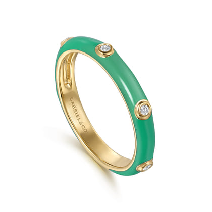 Enamel - 14K Yellow Gold Diamond Split Stackable with Mint Green Enamel