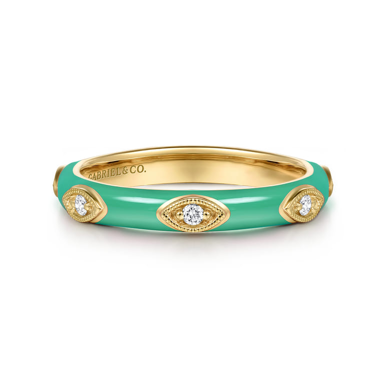 Enamel - 14K Yellow Gold Diamond Split Stackable with Mint Green Enamel - 0.08 ct - Shot 1