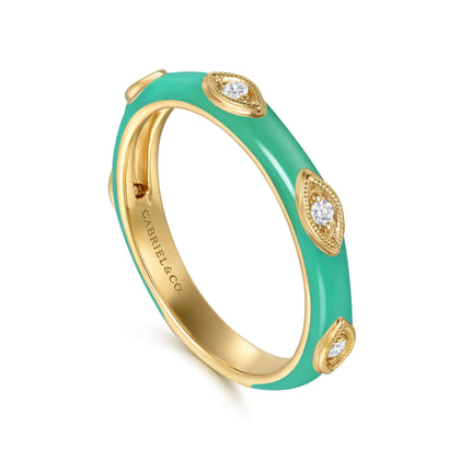 Enamel - 14K Yellow Gold Diamond Split Stackable with Mint Green Enamel
