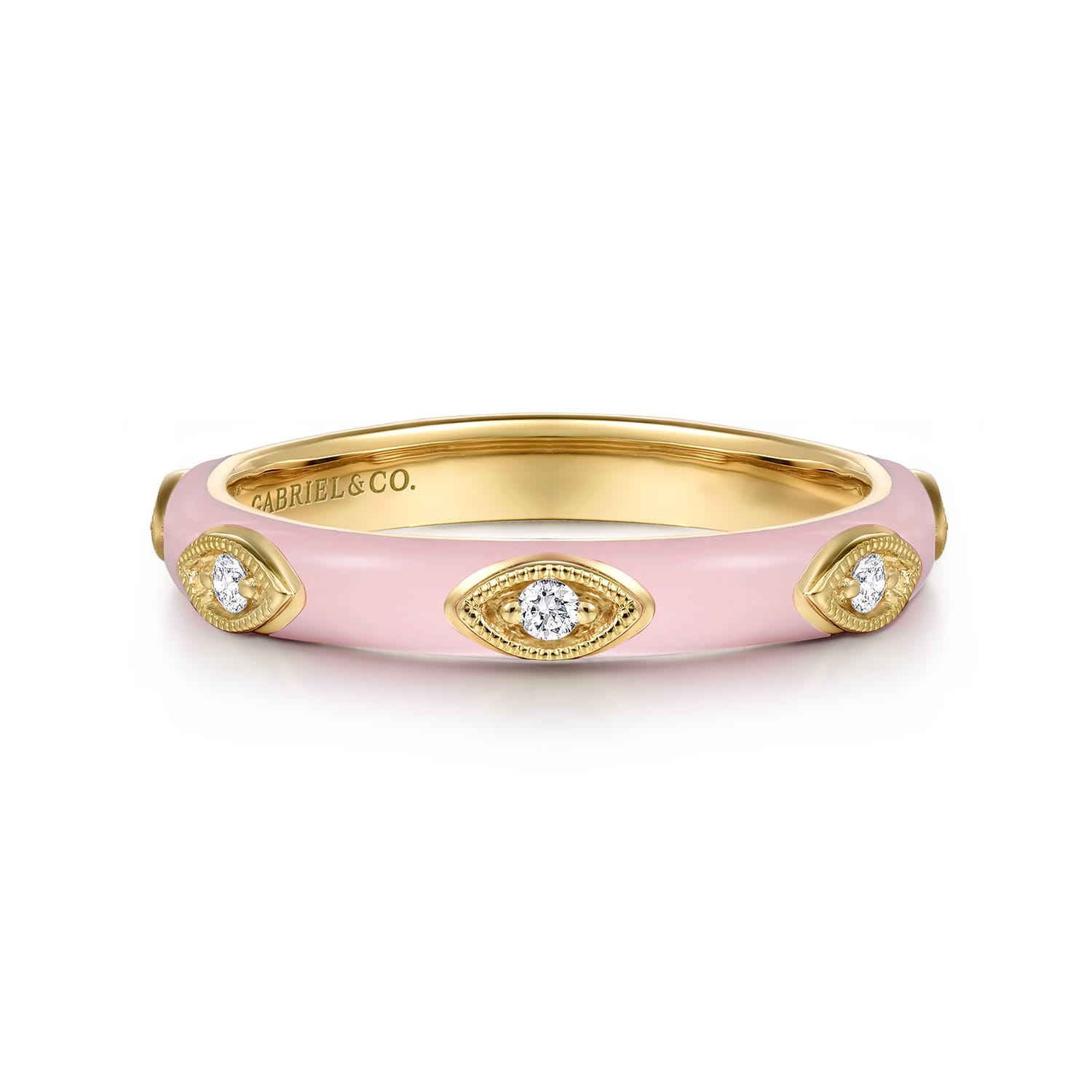 Enamel - 14K Yellow Gold Diamond Split Stackable with Neutral Pink Enamel - 0.08 ct - Shot 1