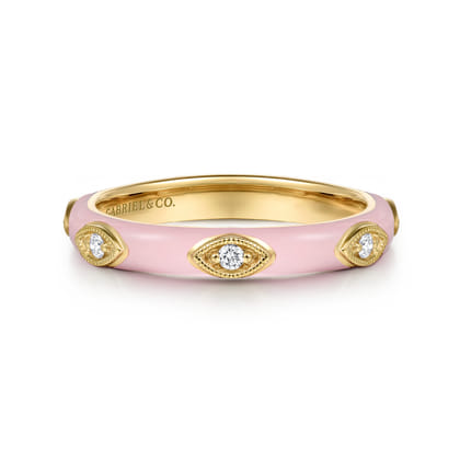 Enamel - 14K Yellow Gold Diamond Split Stackable with Neutral Pink Enamel