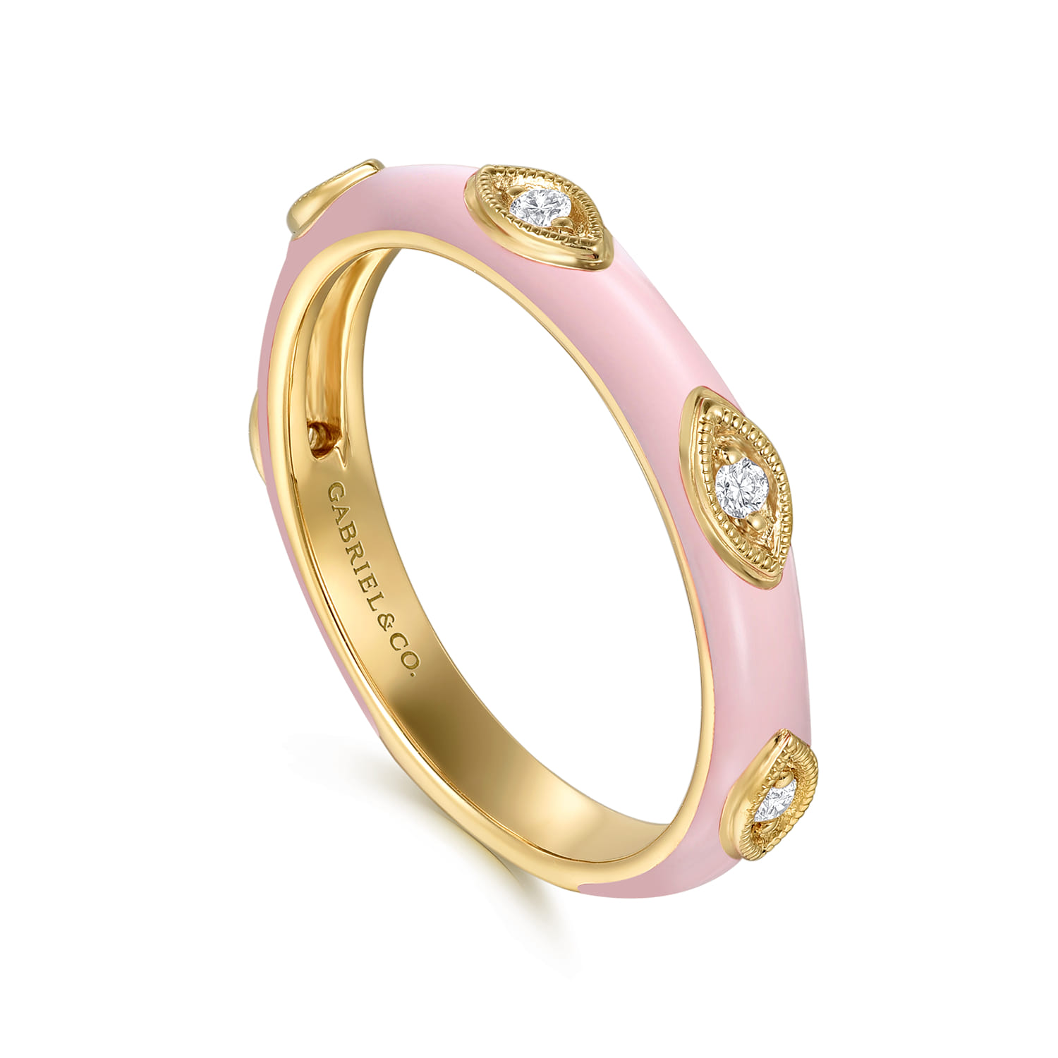 Enamel - 14K Yellow Gold Diamond Split Stackable with Neutral Pink Enamel - 0.08 ct - Shot 3