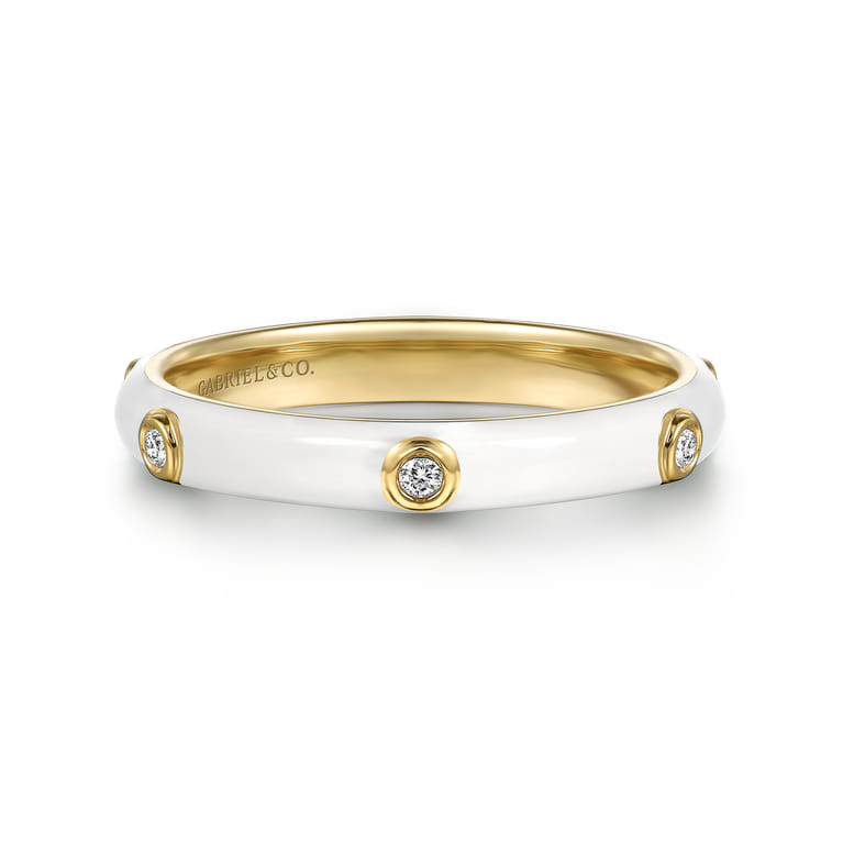 Enamel - 14K Yellow Gold Diamond Split Stackable with White Enamel - 0.05 ct - Shot 1
