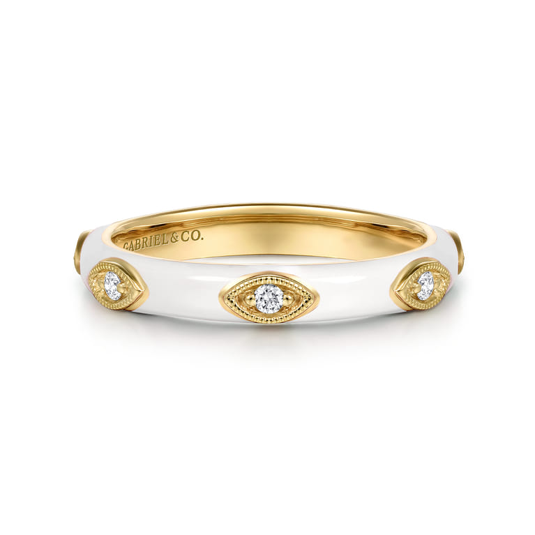 Enamel - 14K Yellow Gold Diamond Split Stackable with White Enamel - 0.08 ct - Shot 1