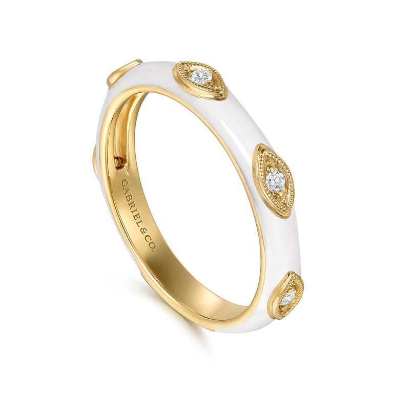 Enamel - 14K Yellow Gold Diamond Split Stackable with White Enamel - 0.08 ct - Shot 3