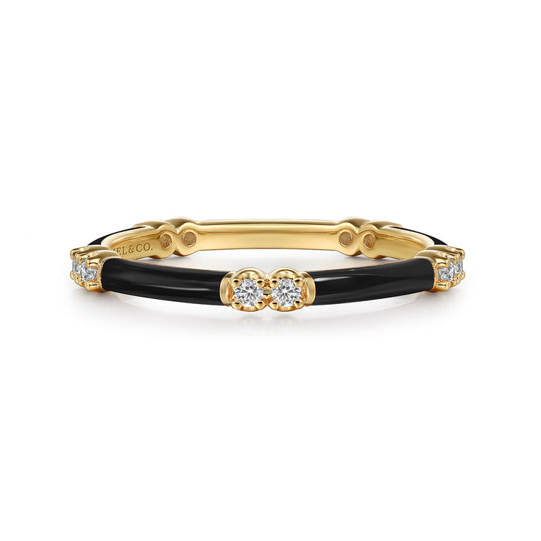 Enamel - 14K Yellow Gold Diamond Station Stackable with Black Enamel - 0.13 ct - Shot 1