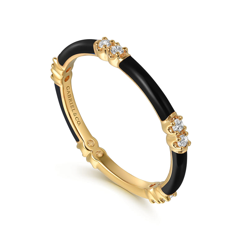 Enamel - 14K Yellow Gold Diamond Station Stackable with Black Enamel - 0.13 ct - Shot 3