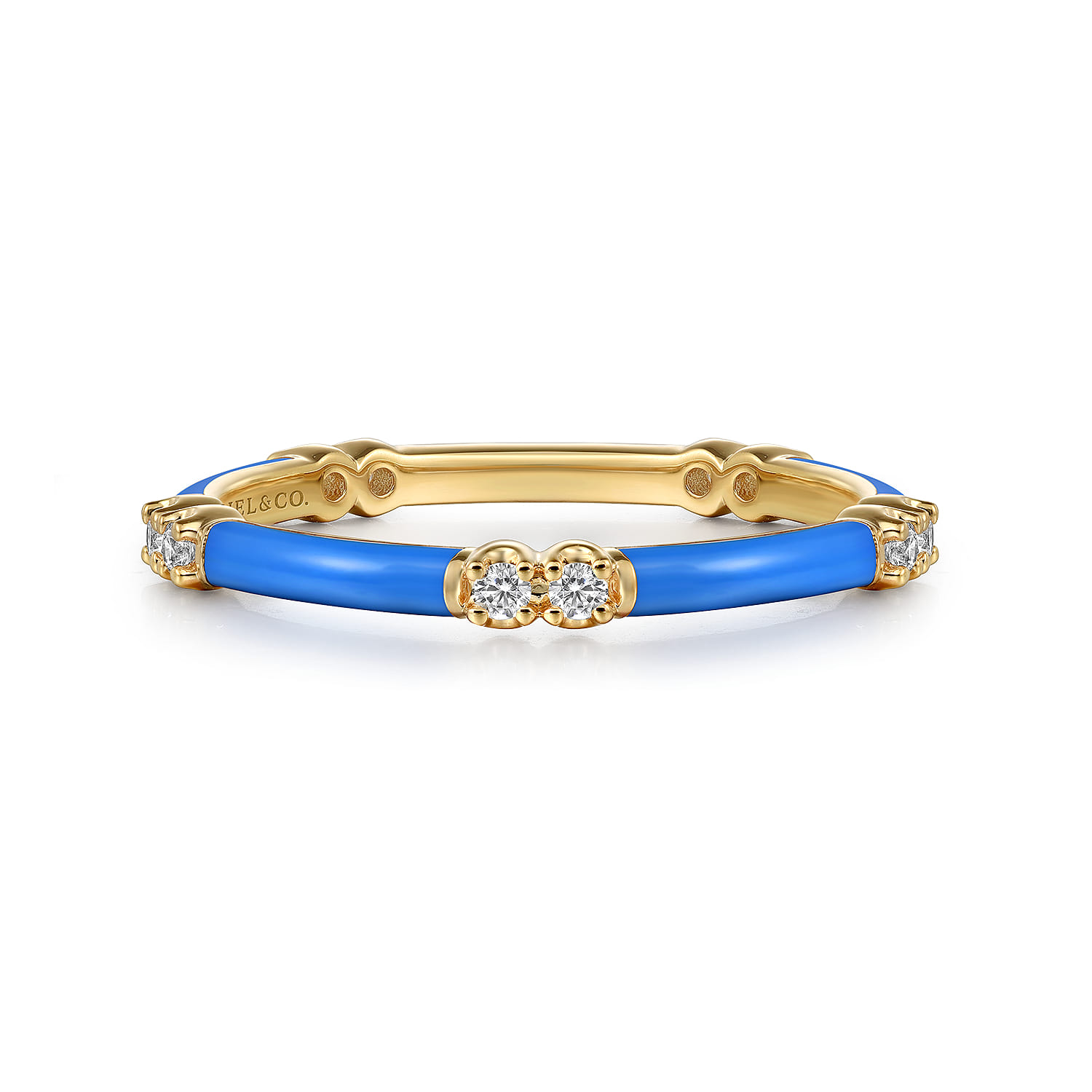 Enamel - 14K Yellow Gold Diamond Station Stackable with Blue Enamel - 0.13 ct - Shot 1