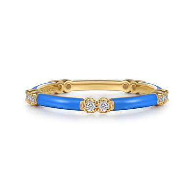 Enamel - 14K Yellow Gold Diamond Station Stackable with Blue Enamel