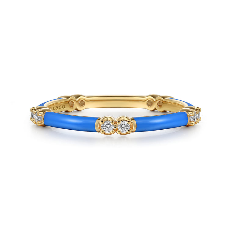 Enamel - 14K Yellow Gold Diamond Station Stackable with Blue Enamel - 0.13 ct - Shot 1