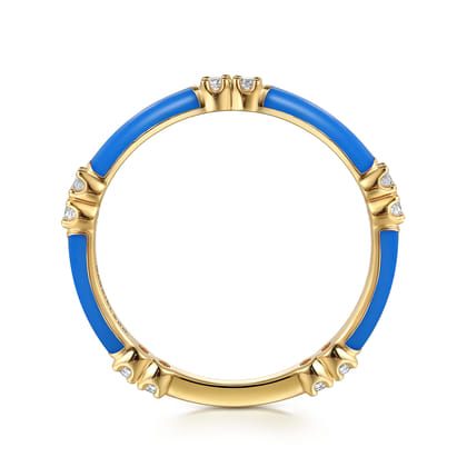 Enamel - 14K Yellow Gold Diamond Station Stackable with Blue Enamel