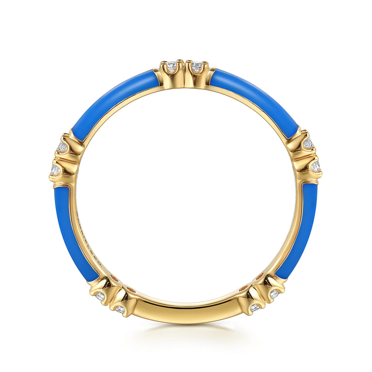 Enamel - 14K Yellow Gold Diamond Station Stackable with Blue Enamel - 0.13 ct - Shot 2