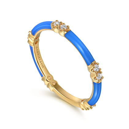 Enamel - 14K Yellow Gold Diamond Station Stackable with Blue Enamel
