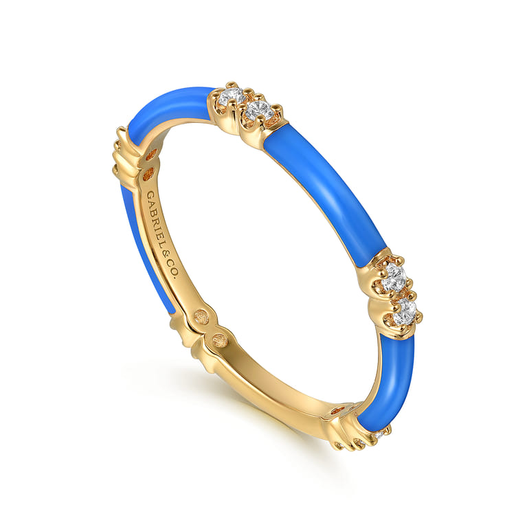 Enamel - 14K Yellow Gold Diamond Station Stackable with Blue Enamel - 0.13 ct - Shot 3