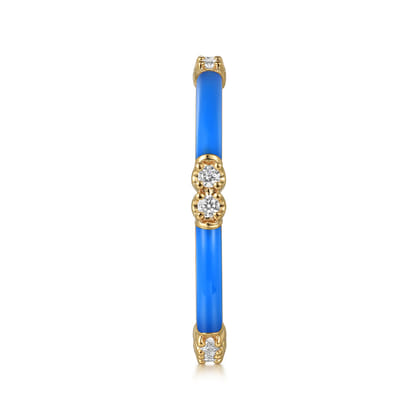 Enamel - 14K Yellow Gold Diamond Station Stackable with Blue Enamel
