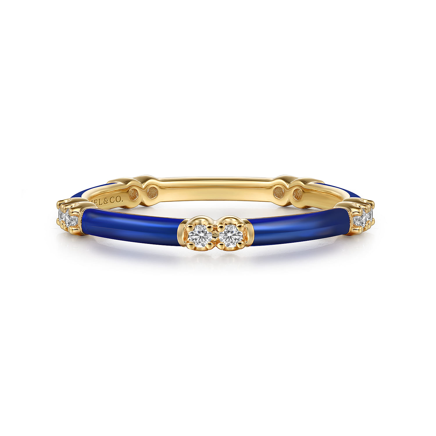 Enamel - 14K Yellow Gold Diamond Station Stackable with Chrome Blue Enamel - 0.13 ct - Shot 1